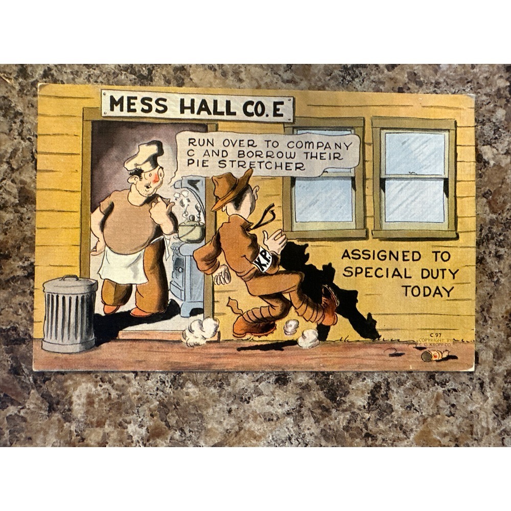 Soldier on KP Duty, Mess Hall Company E Comic Vintage WWII Era Postcard C-97‎